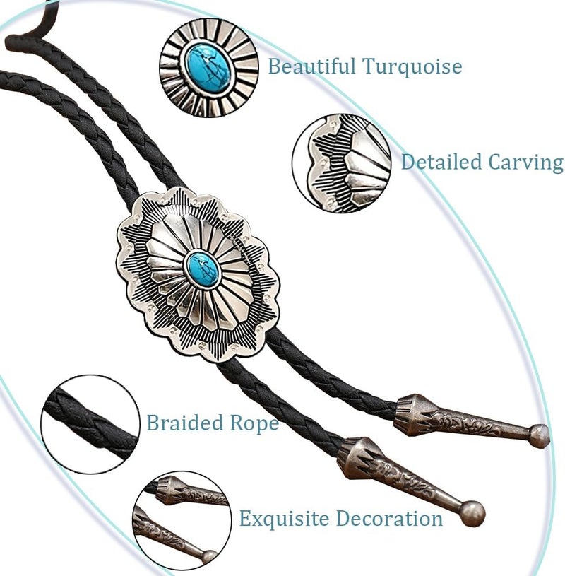 FGSS Vintage Turquoise Bolo Tie For Men - Western Cowboy Colored Oval Bola Necktie Retro Leather Necklace for Men Women - Image 2